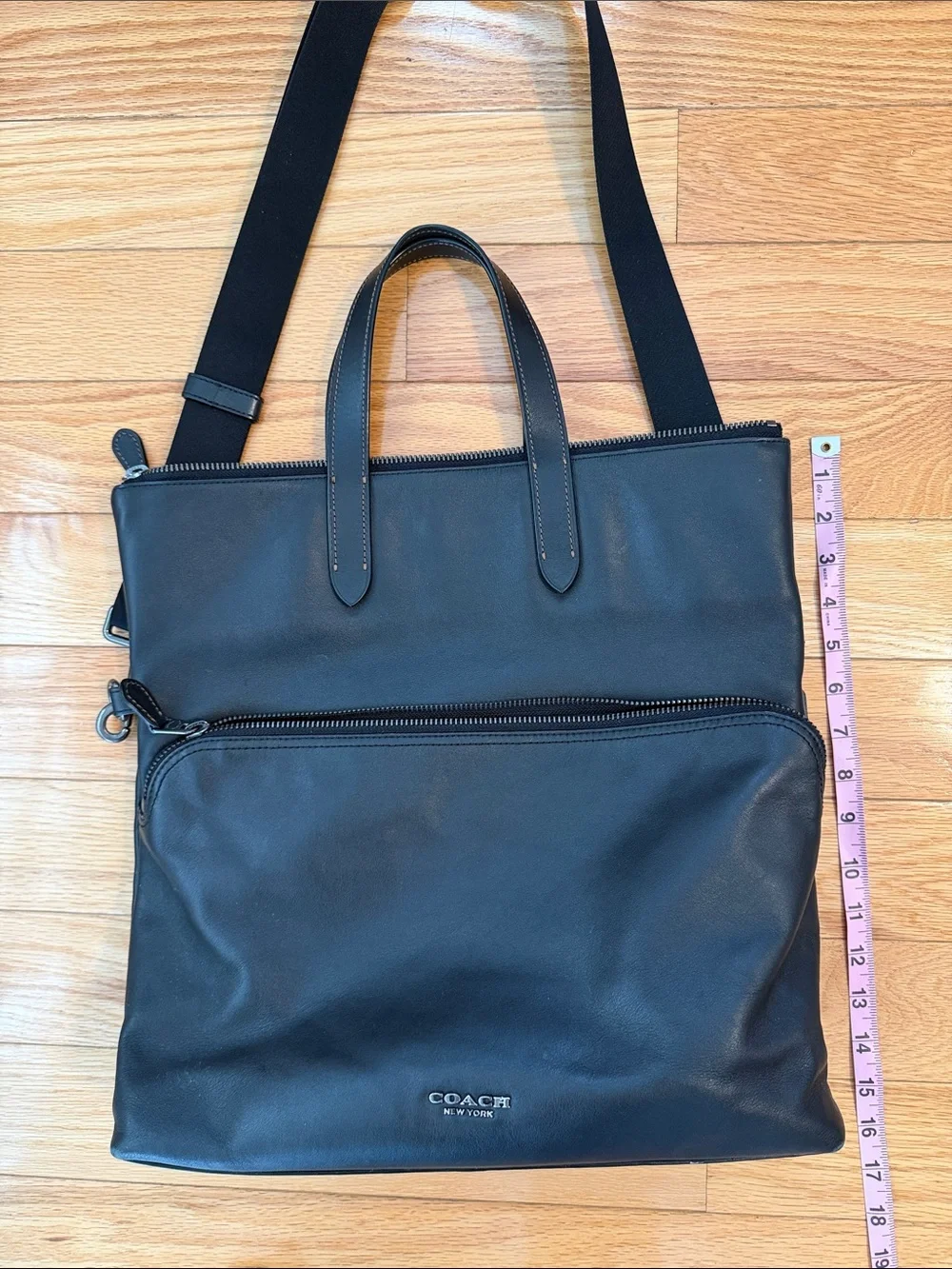 Coach Black Leather Convertible Laptop Tote/Messenger Bag with Adjustable Strap